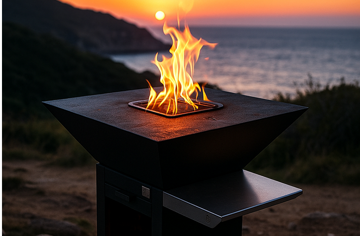 Braseros de cuisson Beroak devant un coucher de soleil à la mer