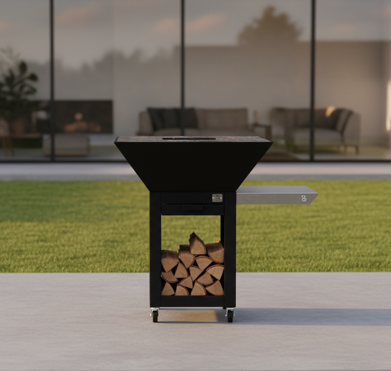 Brasero de cuisson avec meuble de rangement en acier thermolaqué