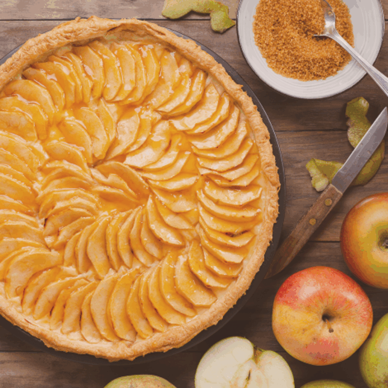 Tarte fine aux pommes caramélisées posée sur une table