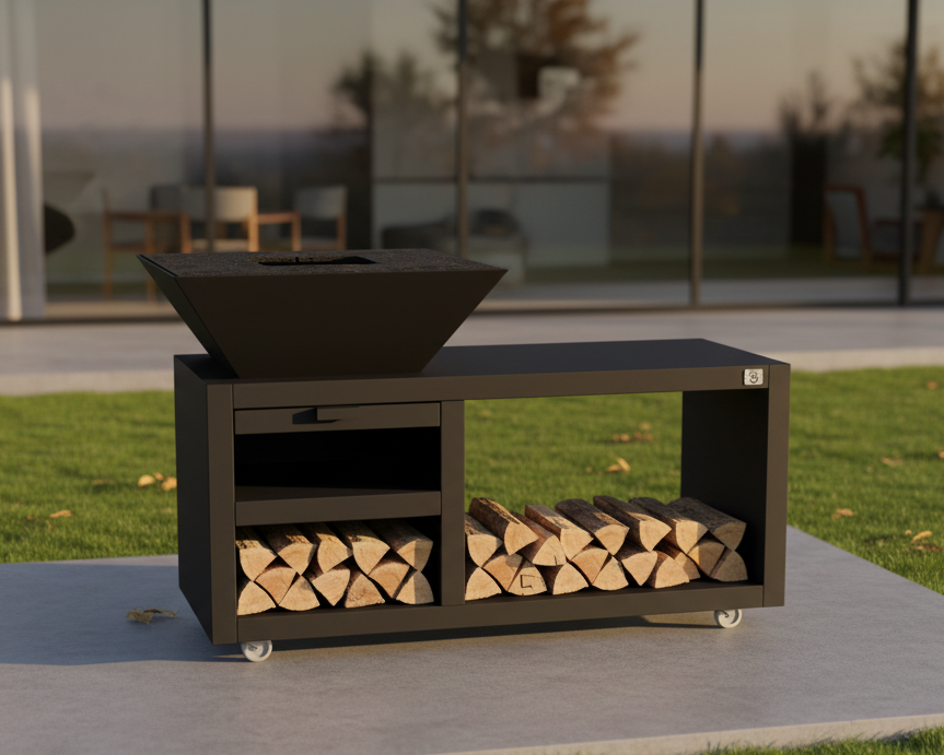 Brasero noir avec meuble de rangement moderne