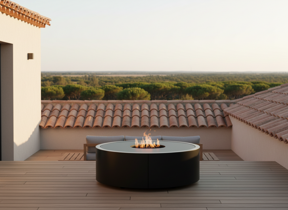 Brasero Arnasa S thermolaqué sur une terasse en bois dans les Landes