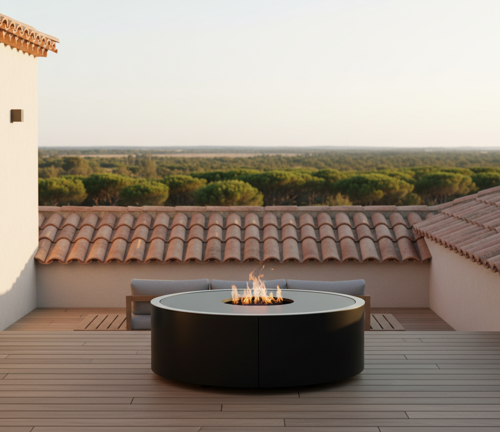 Brasero Arnasa S thermolaqué sur une terasse en bois dans les Landes